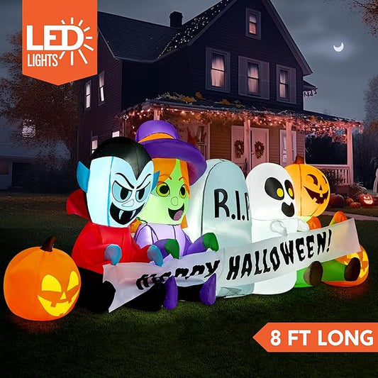 Joiedomi 8 FT Long Inflatable Halloween Decor Outdoor, Halloween Blow Up Decorations Inflatable Pumpkin Ghost Vampire Witch Tombstone with LEDs for Yard Decorations