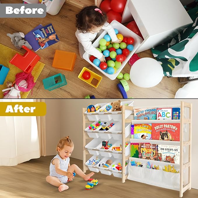 Toy Storage Organizer with Bookshelf - 12 Storage Bins 4-Tier Multipurpose Shelf to Organize Toys and Books for Kids Room, Playroom, Nursery Room, White