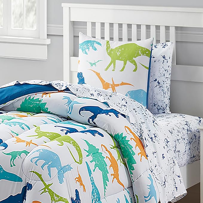 Kids Bedding Set Bed in a Bag for Boys and Girls Toddlers Printed Sheet Set and Comforter , Twin, Dinosaur
