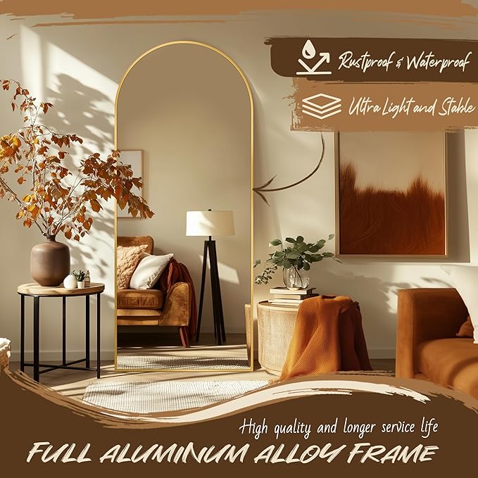 Full Length Mirror, 58"x21" Arch Floor Mirror, Floor Standing Freestanding Full Body Mirror with Stand for Bedroom, Hanging Mounted for Living Room Cloakroom, Gold