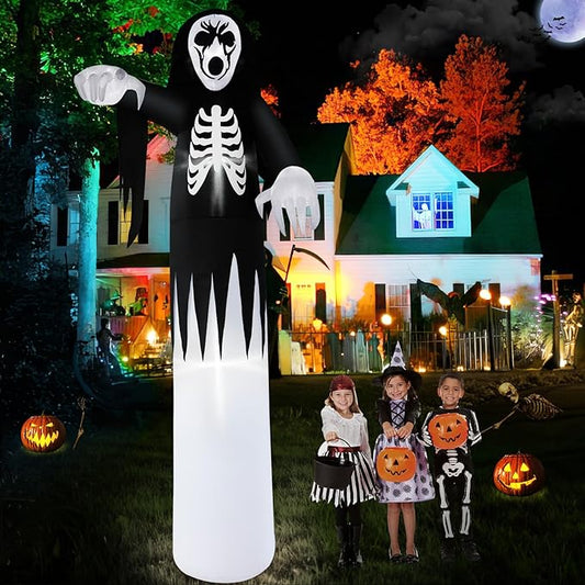 B&D 12FT Giant Halloween Inflatables Outdoor Decorations, Grim Reaper Skull Inflatable Halloween Decorations Built-in LED Lights Scary Blow Up Ghost Decorations for Holiday Party Yard Garden Lawn