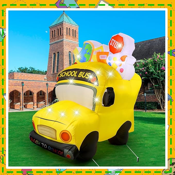 VIHOSE 5.4 Ft Back to School Inflatable Decorations First Day of School Bus Blow Up Yard Decor Build in LED Lights for Party Outdoor Garden Lawn Holiday