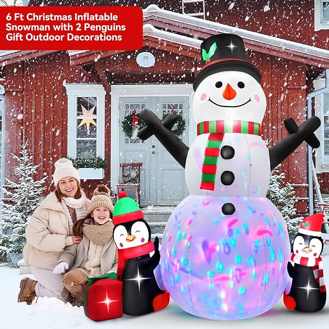 6 FT Christmas Inflatable Snowman Outdoor Decoration with Build-in Multicolor LEDs, Snowman with 2 Penguins Gift Blow Up Inflatables Christmas for Yard Garden Lawn Xmas Holiday Decor