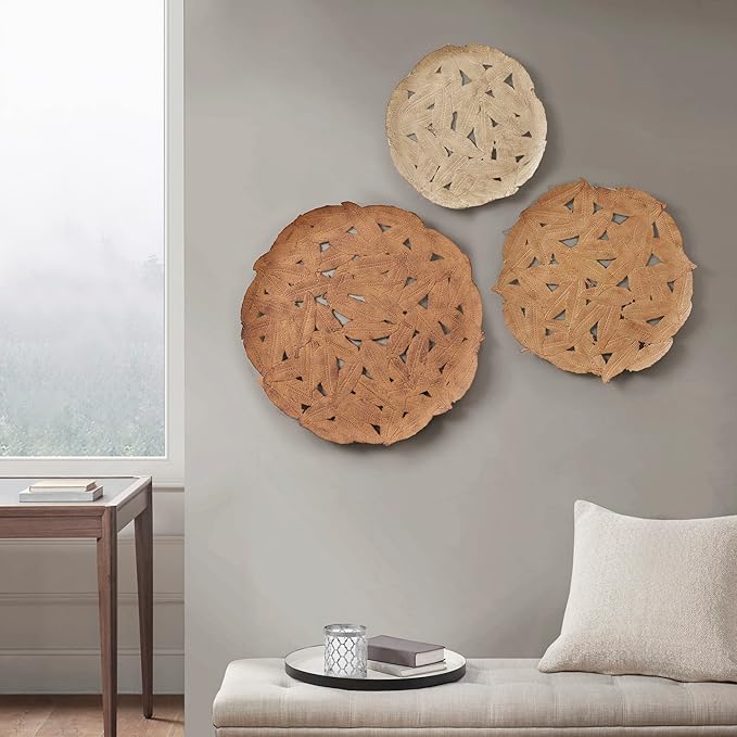 Madison Park Rossi Feather Metal Wall Décor, Metallic Painted Round Iron Discs, Small, Medium, Large Modern Art Sculplture Decortive Plates for Transitional, Home, Living Room, Office - Spice