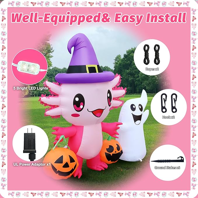 Halloween Inflatable Outdoor Decorations 5.7FT Axolotl Ghost Hold Pumpkin Inflatables Blow Up Yard Decorations with LED Lights Halloween Outside Lawn Party Decor (Axolotl Hold Ghost Inflatables)