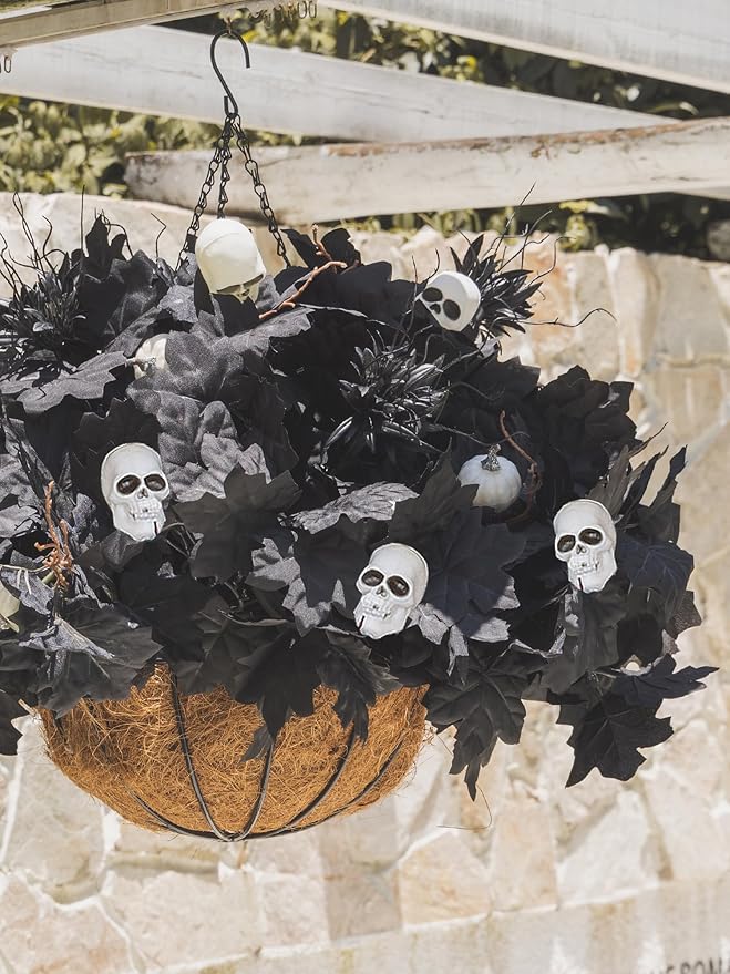 18pcs Fake Plants Outdoor, Halloween Maple Pumpkin Branch, Autumn Artificial White Pumpkins Stem with Black Maple Leaves, Faux Maple Leaves Spray for Halloween Thanksgiving Home Deocr(Black)