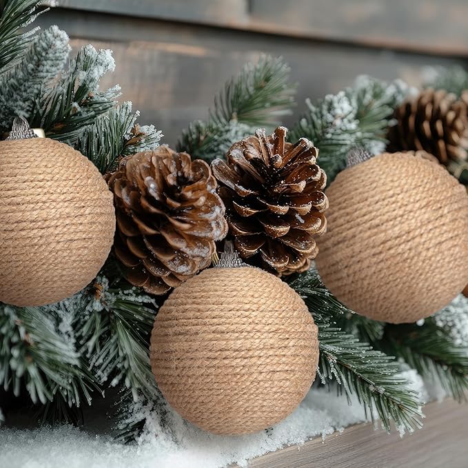 Syhood 6pcs Christmas Ball Ornaments Boho Farmhouse Jute Rope Hanging Xmas Balls Burlap Neutral Rustic Ornaments for Xmas Tree Holiday Wreath Garland (3.15 Inches,Linen)
