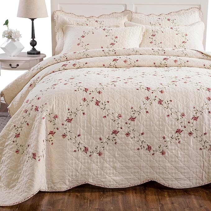 mixinni Floral Embroidered Quilt Set - 3 Pieces Reversible Quilt Bedding Set, 100% Cotton Quilt King Size Set Elegant Embroidery Bedspread Coverlet Set with 2 Pillow Shams for All Seasons (106"x96")