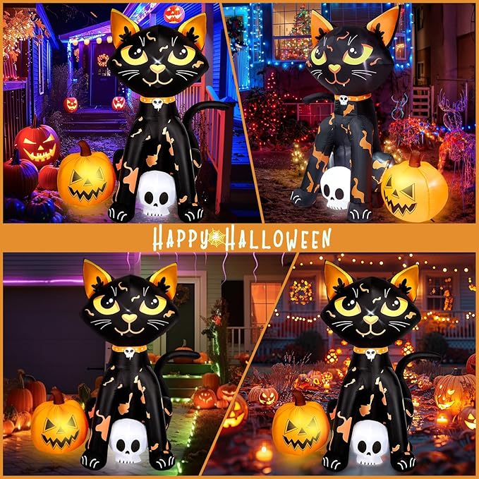 CAMULAND 5FT Halloween Decorations Outdoor,Halloween Inflatable Blow Up Black Cat and Pumpkin Decor with Built-in LED Lights Trick or Treat for Indoor Lawns Yards Party Home