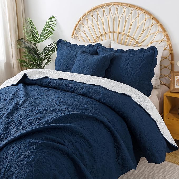 HoneiLife Quilt Sets King Size - Microfiber Bedspreads for King Bed, 3-Piece Lightweight Coverlets, Retro Bed Cover King Quilt Bedding Set All Season Quilts-Navy