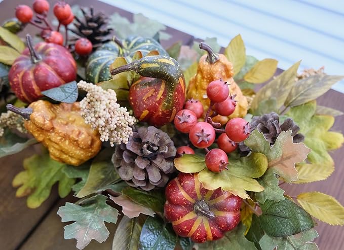 Fall Decor - Faux Pumpkins, Pine Cones, Berries and Maple Leaves in Rectangular Woven Basket for Table Centerpiece, Shelf, Mantel - Autumn Thanksgiving Arrangement for Home Indoor Outdoor - 14" Long