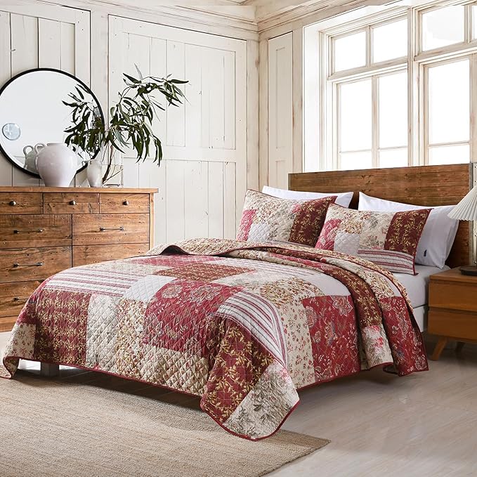 mixinni 100% Cotton Quilt Set King Size, Reversible Patchwork Lightweight Quilted Bedspread Coverlet Set Boho Burgundy Floral Bedding Comforter Set with 2 Pillow Shams for All Season (106"x98")