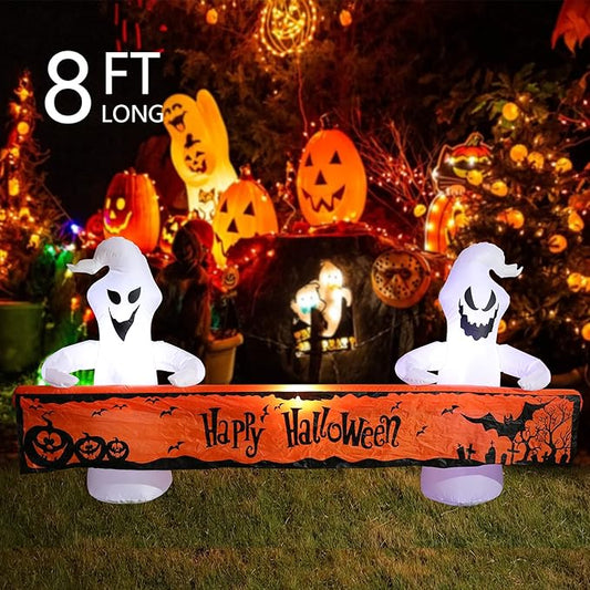 MUMTOP 8 Ft Long Inflatable Outdoor Halloween Decoration, Inflatables Ghost with Happy Halloween Decorations Blow Up with Built-in LED Lights for Yard Party Holiday Garden Decor