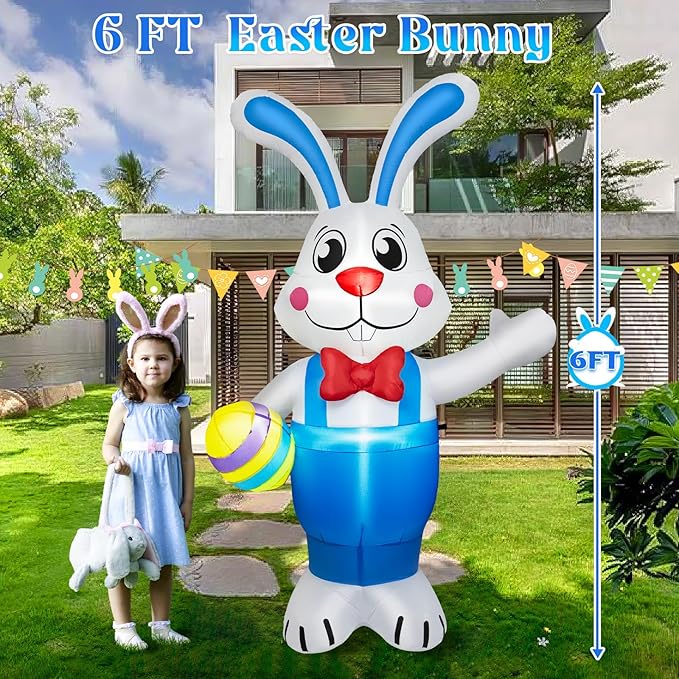 6FT Easter Inflatables Outdoor Decorations, Inflatable Bunny Holds Egg Built-in LED Lights Blow Up Inflatable Easter Outdoor Decorations for Holiday Party Indoor Outdoor Garden Lawn Yard Decor