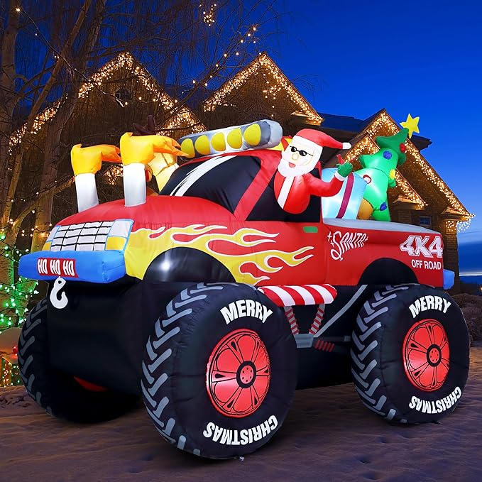 8 FT Long Santa in Monster Truck Christmas Inflatables Outdoor Decorations, Christmas Blow Up Santa Claus Yard Decorations for Garden Lawn Xmas Decor