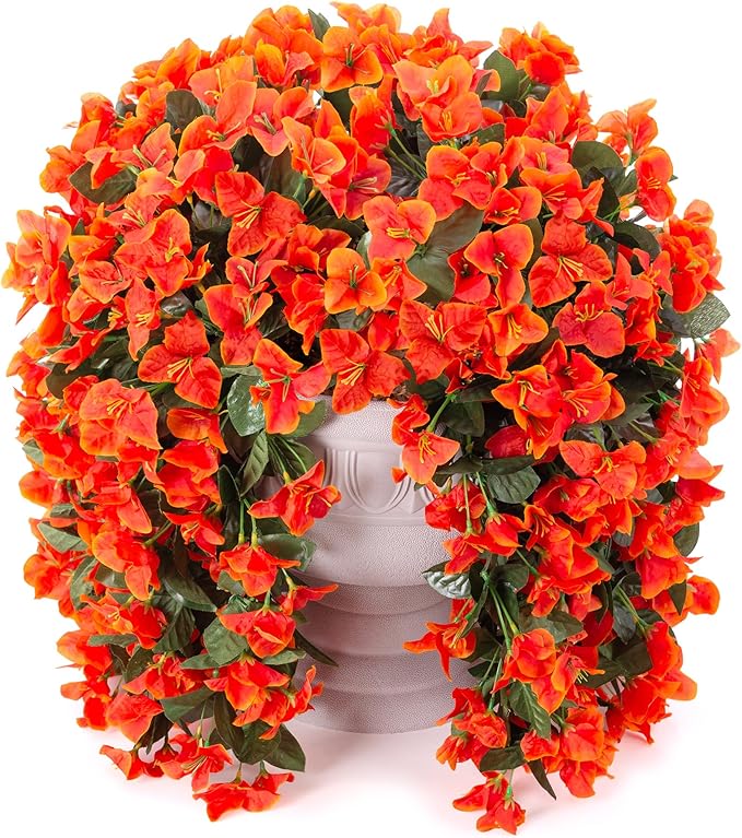 Artificial Bougainvillea Faux Flowers Plants for Outdoors Outside Fall Autumn Decor, 2 PCS Silk Trailing Vines UV Resistant Realistic Orange Fake Flowers for Planter Front Door Porch Patio Balcony