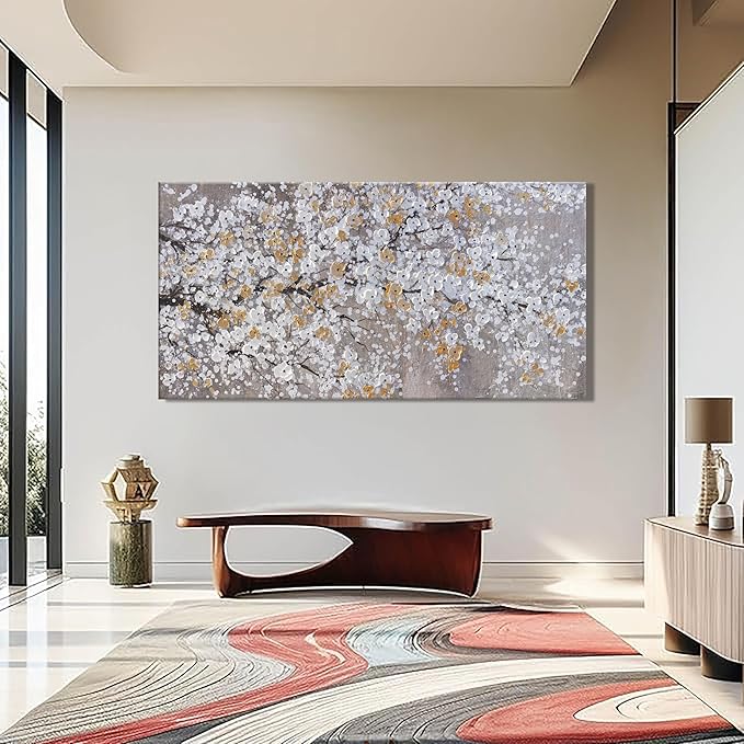 Large Botanical Wall Art Floral Canvas Landscape Wall Art Textured Picture Abstract Botanical Modern Gold White Print Artwork For Living Room Bedroom Office Home Decor 30"X60"