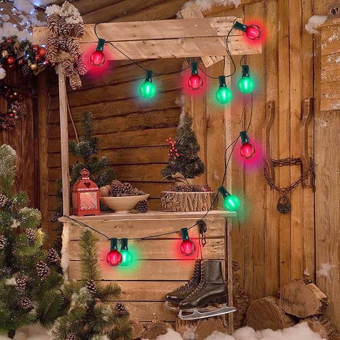 G40 LED Outdoor Christmas String Lights 50FT Hanging Globe String Light with 27 LED Shatterproof Frosted Red Green Lights(2 Spare), Waterproof Patio String Lights for Balcony Backyard Pergola Decor