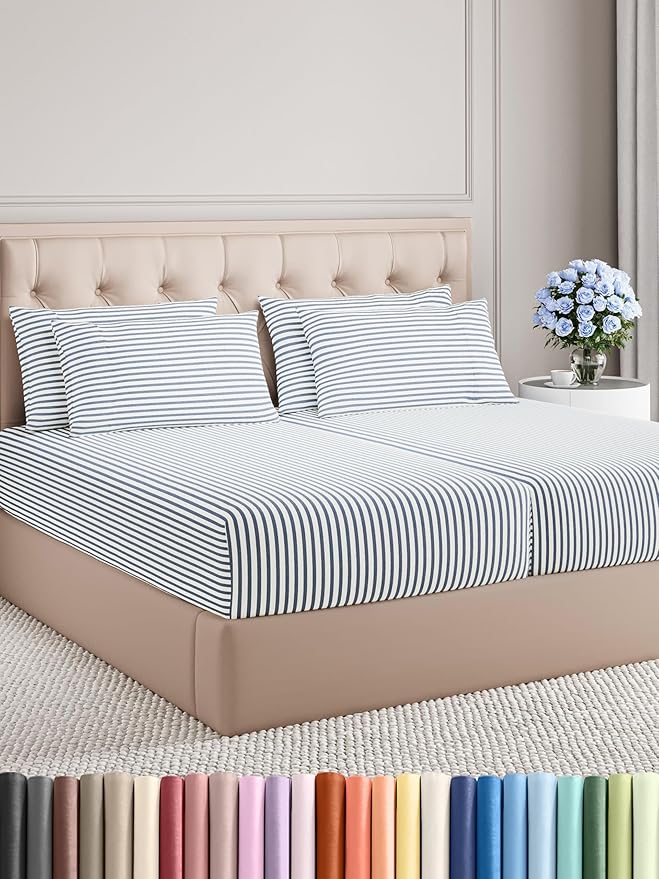 CGK Linens Split King 7 Piece Sheet Set - Cooling Sheets for Hot Sleepers - Hotel Luxury Bedding Set w/ 8-16 Inch Deep Pockets - 1 Flat & 2 Fitted & 4 Pillowcases - Soft & Wrinkle Free - Beige Stripes