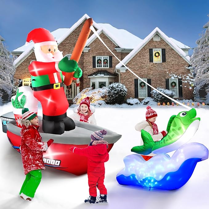Kalolary 15FT Long Christmas Inflatables Fishing Santa Claus, Santa Inflatables Blow Up Yard Outdoor Decorations with Built-in Rotating Blue LED Lights for Xmas Party Yard Garden Lawn Indoor Decors