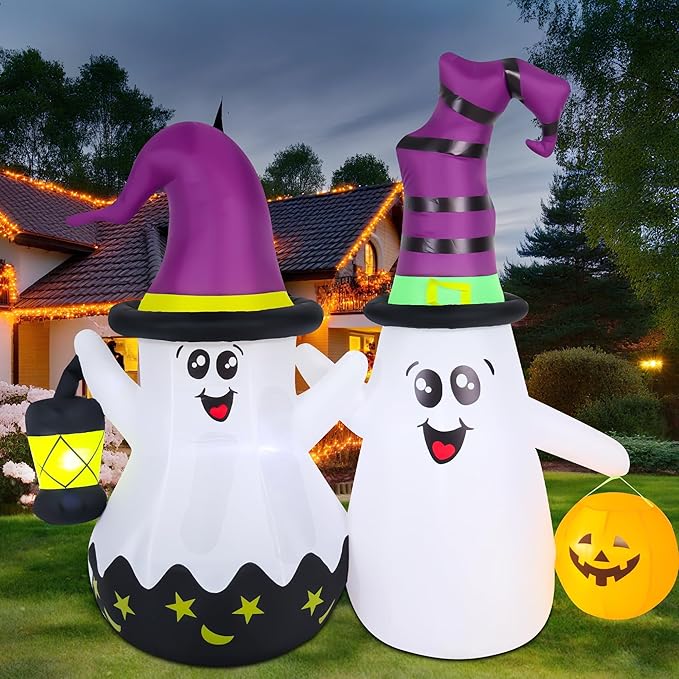 Halloween Inflatables Outdoor Decorations, Blow Ups 2-Pack Cute Ghosts with Build-in LED Lights, Funny Yard Garden Decoration for Halloween Party Indoor Outdoor