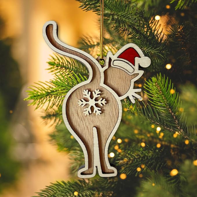 Funny Cat Butt Wooden Christmas Ornament - Humorous Santa Holiday Decoration for Tree - Unique Laser-Cut Wood Gift for Cat Lovers - 2024 Christmas Ornament