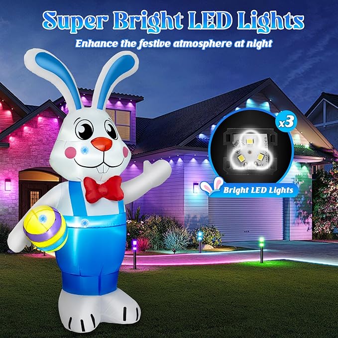 6FT Easter Inflatables Outdoor Decorations, Inflatable Bunny Holds Egg Built-in LED Lights Blow Up Inflatable Easter Outdoor Decorations for Holiday Party Indoor Outdoor Garden Lawn Yard Decor
