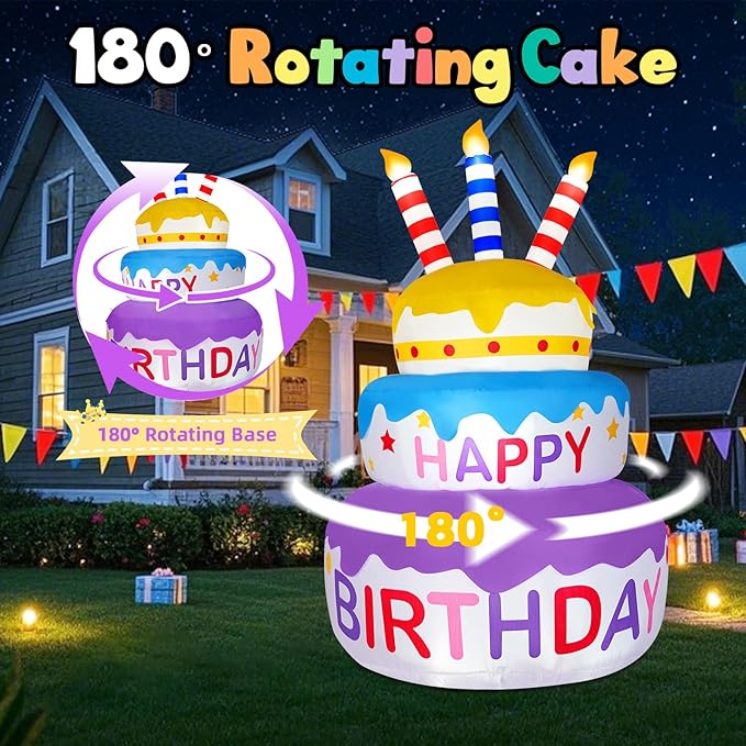 B&D 6FT Happy Birthday Cake Inflatable Decoration, Rotating Cake with Three Colors, Sparkling LED Lights, Eye-catching Outdoor, Indoor Decor for Birthday Party, Holiday, Light Up for Lawn Yard Garden
