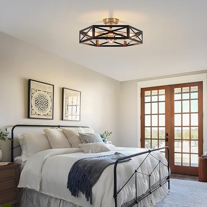 Kitchen Lighting Fixtures Ceiling,Farmhouse Flush Mount Ceiling Light with Metal Cage Modern Black and Gold Hallway Light Fixture Black Ceiling Light for Bedroom Bathroom Foyer 19.6 in
