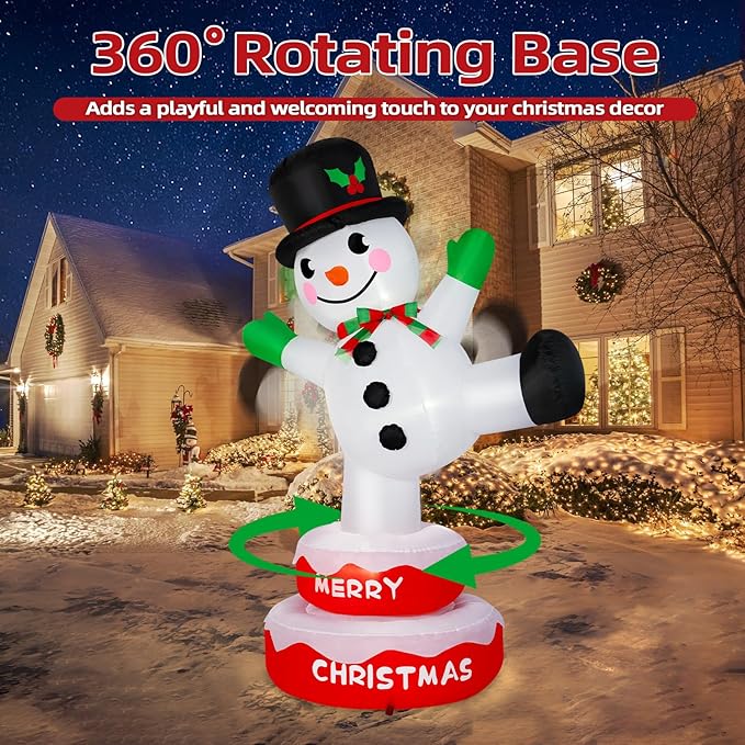 6FT Christmas Inflatables Snowman Outdoor Decorations, Rotating Snowman Stands on Donut Base Christmas Blow Up Yard Decoration Built-in LEDs Snowman Inflatable for Xmas Party Garden Lawn Decor