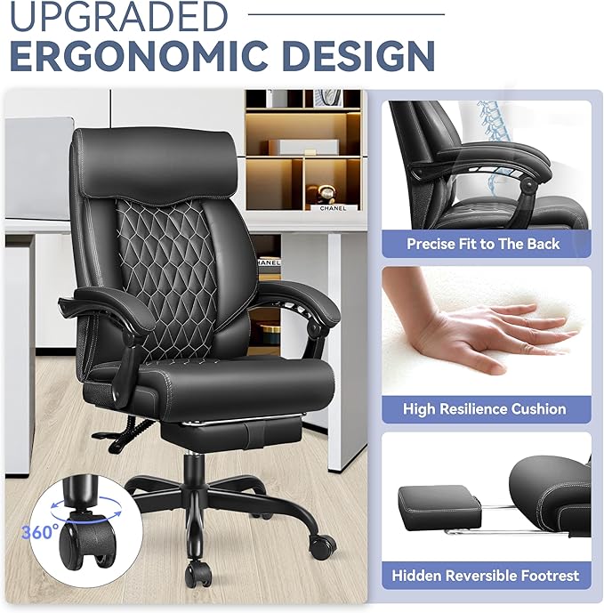 Big and Tall Executive Leather Reclining Office Chair with Footrest and Lumbar Support