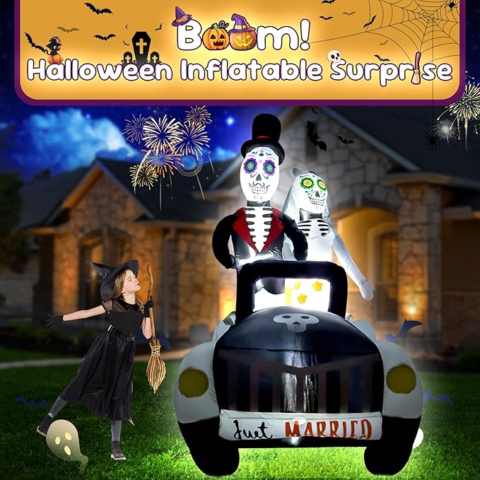7FT Halloween Inflatable Ghost Couple Driving Halloween Decorations Spooky Blow Up Decor with LED Lights Indoor Outdoor Yard Garden Party Holiday Decorations