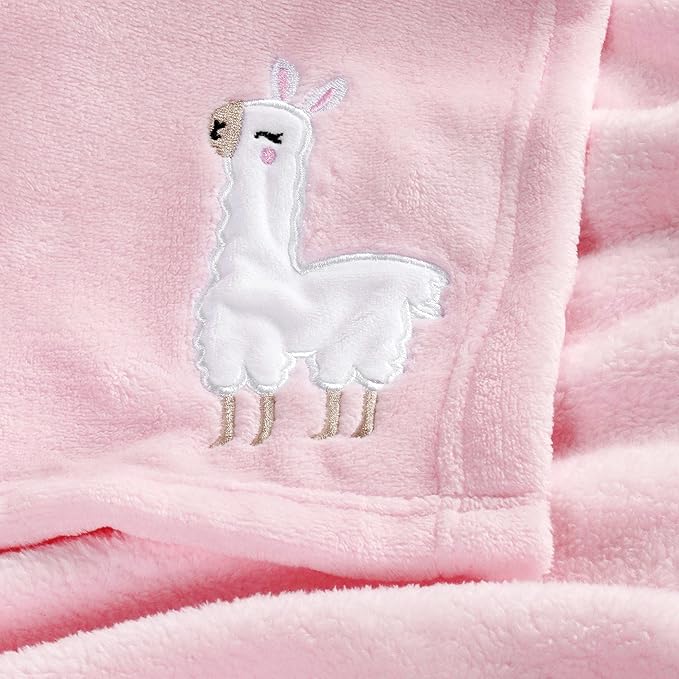 DaysU Plush Flannel Baby Blanket Super-soft Lightweight, Embroidered Fleece Baby Blanket for Girls, Portable Bed Throws for Baby Crib and Toddler Bed, Pink Alpaca, 30”x40”