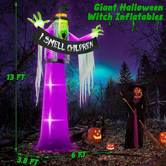 13FT Halloween Outdoor Inflatables, Scary Blow Up Witch Holding I Smell Children Banner, Pre-lit Witch Inflatables Decor, Giant Halloween Outdoor Decorations for Party Garden Lawn