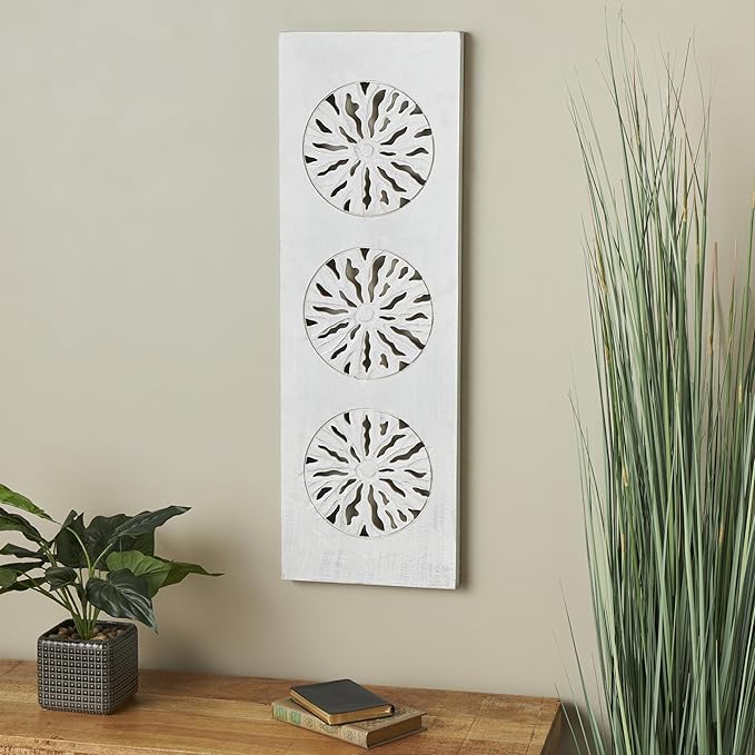Deco 79 Wood Floral Handmade Home Wall Decor Distressed Intricately Carved Wall Sculpture with Gold Detailing, Wall Art 12" x 1" x 36", Cream