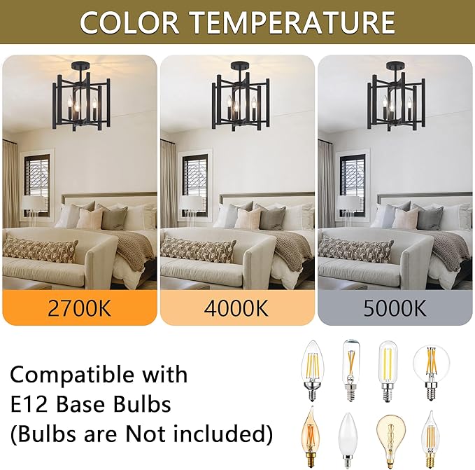 14.6'' Black Farmhouse Semi Flush Mount Ceiling Light Fixture, 3-Light Modern Ceiling Light Fixtures Industrial Flush Mount Ceiling Lighting Fixture for Dining Room Kitchen Hallway Bedroom