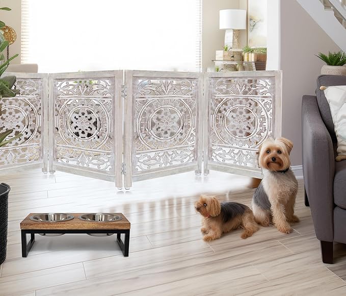 Wooden Foldable Pet Dog Safety Gate - 4 Panel 20" W x 24" H - Hand Carved Suzani Free Standing Portable Indoor Puppy Gate - Doorway Hall Stairs Dog Fence - Assembled - White Wash - IRONGATE