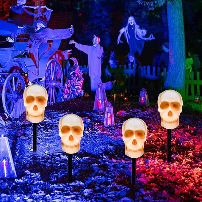 Halloween Skull Pathway Lights, 4 Pack 3D Skeleton Lights with Stakes, Outdoor Connectable C7 Skull Lights for Yard, Garden, Patio, Halloween Party Decor, Black Wire