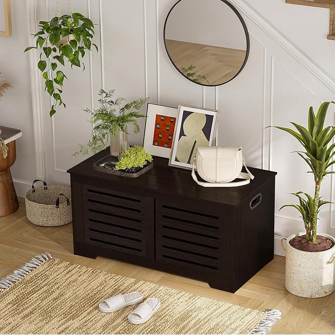 DINZI LVJ Storage Chest, 39.4”Wooden Toy Box with 2 Safety Hinges, Retro Entryway Shoe Storage Bench with Flip-Top, Sturdy Large Storage Trunk for Living Room, Bedroom, Easy Assembly, Espresso
