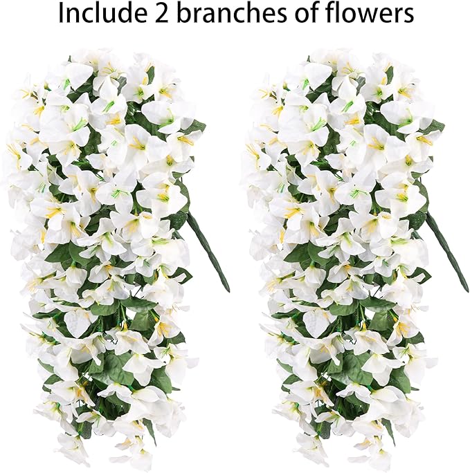 Artificial Faux Bougainvillea Flowers Plants for Outdoor Outside Summer Decoration, 2 PCS Fake Silk UV Resistant Look Real Long Trailing Vines for Front Door Porch Planter Urn Patio Balcony, White