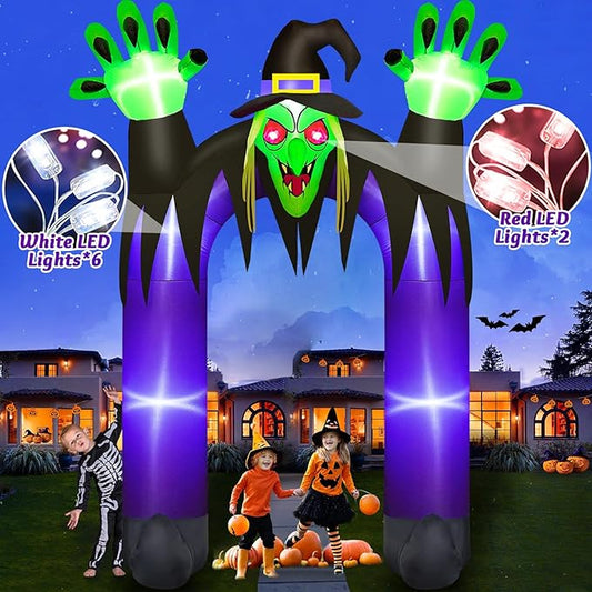 Danxilu 10 FT Tall Halloween Inflatables Witch Archway Outdoor Decorations, Scary Blow Up Yard Decoration Built-in LED Lights Giant Halloween Inflatable Clearance Witch Arch Decor for Holiday Party