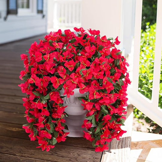 Artificial Faux Bougainvillea Flowers Plants for Outdoor Outside Summer Decoration, 2 PCS Fake Silk UV Resistant Look Real Long Trailing Vines for Front Door Porch Planter Urn Patio Balcony, Red
