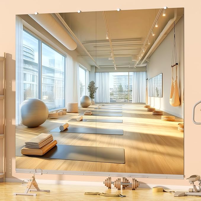 Hasipu Home Gym Mirror, 72"x32" Each, 1-Pack Frameless Wall Mounted Mirrors with Glass Clamps & Aluminum Rail, Large Body Mirror for Home Gym, Yoga Studio, Bedroom, Silver Tempered Glass