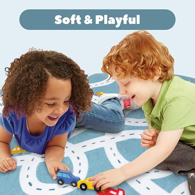 LIVEBOX Blue 3'x5' Non-Slip Kids Play Rug, Machine Washable Road Mat for Playroom, Toy Room Carpet with Cartoon Design for Boys and Girls
