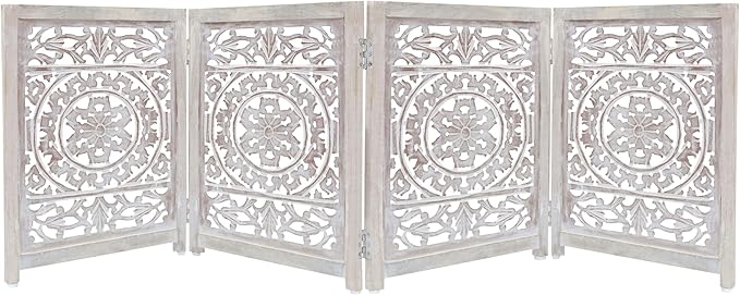 Wooden Foldable Pet Dog Safety Gate - 4 Panel 20" W x 24" H - Hand Carved Suzani Free Standing Portable Indoor Puppy Gate - Doorway Hall Stairs Dog Fence - Assembled - White Wash - IRONGATE