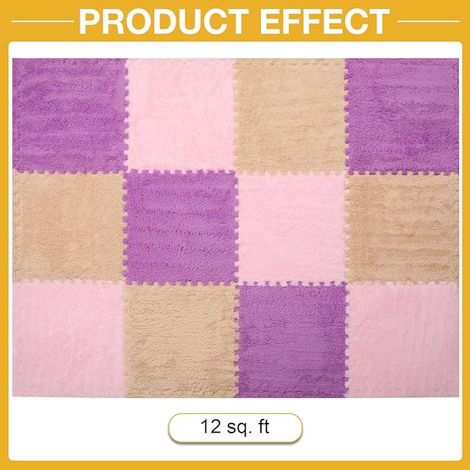 12 Pcs Plush Interlocking Carpet Tiles,Non-Toxic Foam Carpet Tiles for Toddler Baby,Machine-Washable,Anti-Slip,EVA Foam Interlocking Tiles for Floor, Nursery, Playroom,Purple,Light Brown,Pink