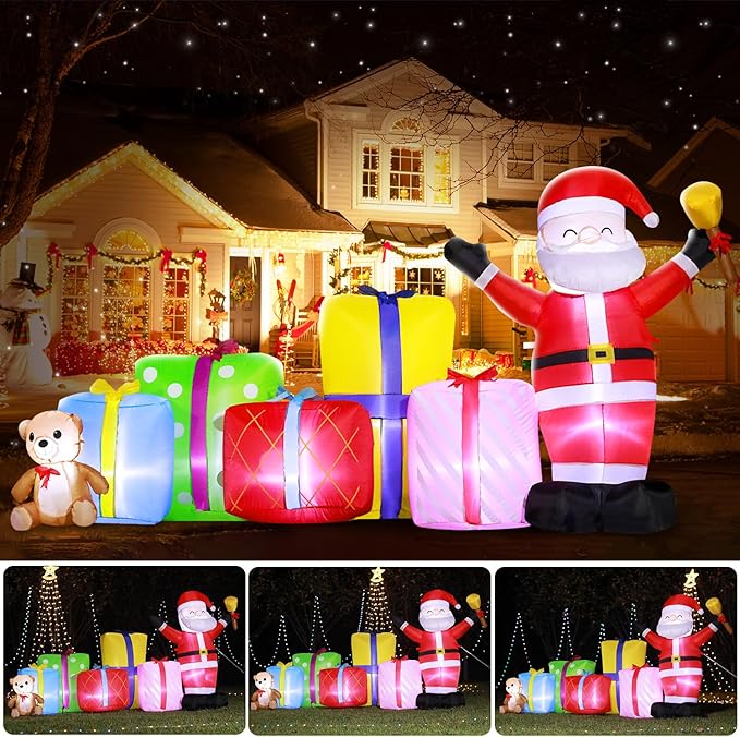 DomKom 8FT Christmas Inflatables Outdoor Decoration, Blow up Gift Boxes Santa Claus Build-in LED Lights for Party Lawn Holiday Winter Decor