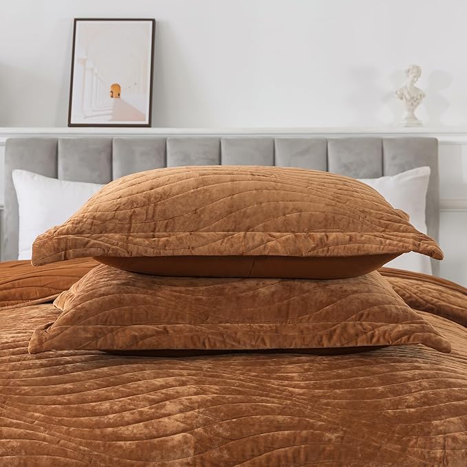 HoneiLife Velvet Quilts Queen Size - Lightweight Bedspreads 3-Pieces, Solid Coverlets Queen Quilt Bedding Sets, Wavy Quilt Sets for All Season Use-Camel