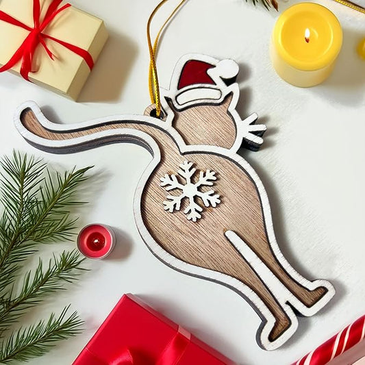 Funny Cat Butt Wooden Christmas Ornament - Humorous Santa Holiday Decoration for Tree - Unique Laser-Cut Wood Gift for Cat Lovers - 2024 Christmas Ornament