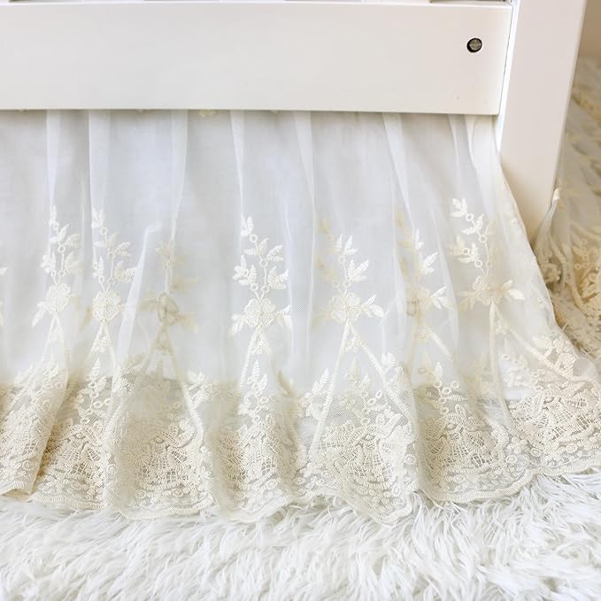 Brandream Lace Bed Skirt Boho Bohemian Girl Baby Nursery Crib Bed Skirt Dust Ruffle - Solid Color Romantic Cream Off White Farmhouse Chic 100% Cotton Ruffle Excellent Quality